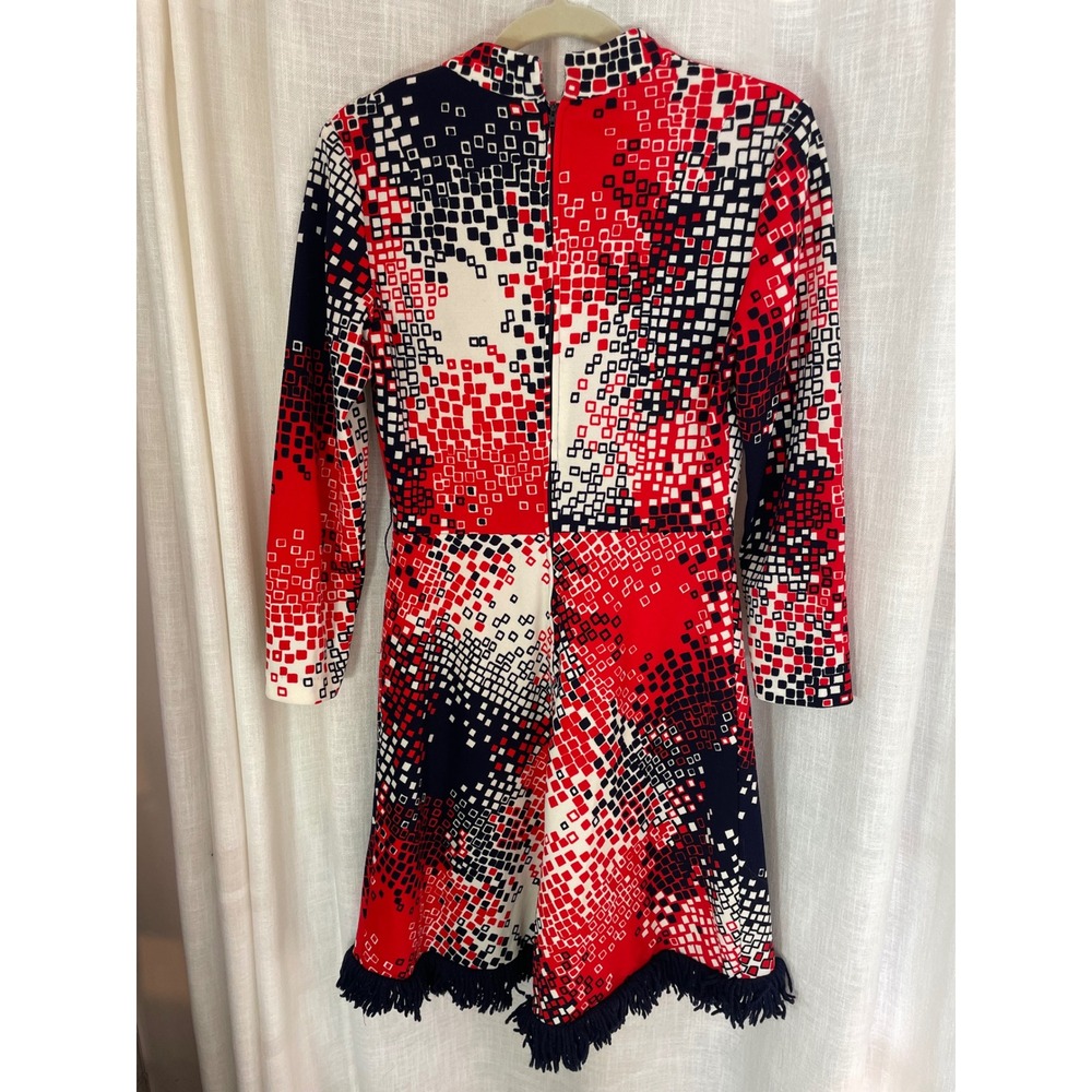 Vintage 70s Mini Dress Red White and Blue Print Yarn Fringe Hem Detail Small